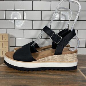 Toms Diana Shoes Womens Size 11 Black Leather Open Toe Strappy Wedge Sandal